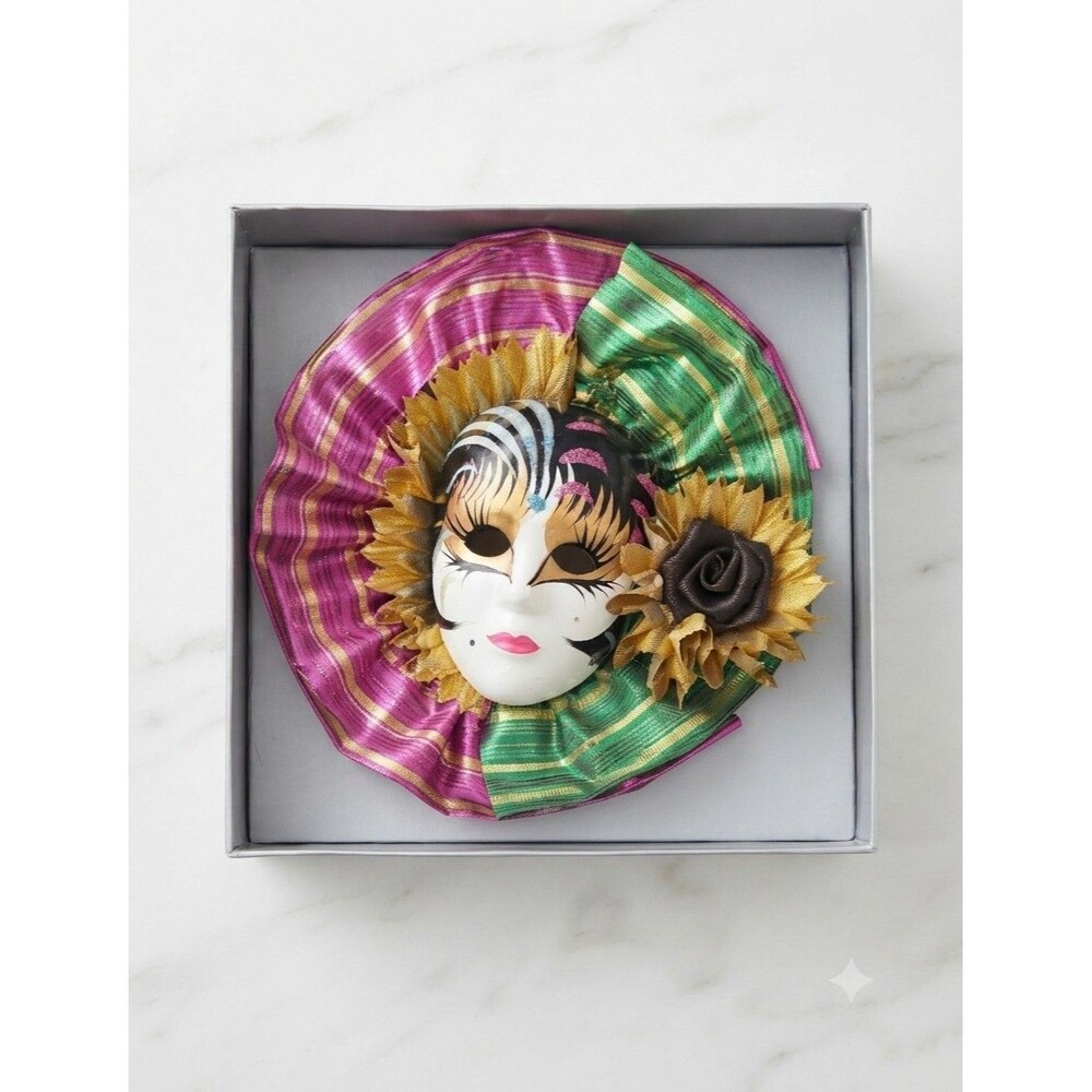 Vintage Porcelain Wall Mask 9" Satin Trim Glitter Floral Decorative Art New in B